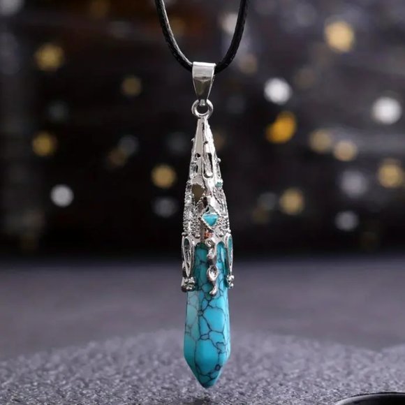 Jewelry - Turquoise Natural Stone Hexagonal Prism Pyramid Pendant Gemstone Necklace